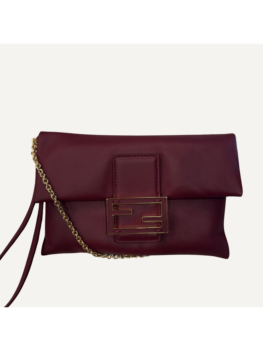 Fendi Baguette Foldover Clutch Burgundy Nappa Leather FF Logo Gold Hardware